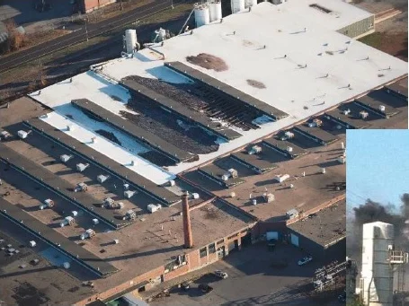 Aerial view of the East Providence factory roof after the fire